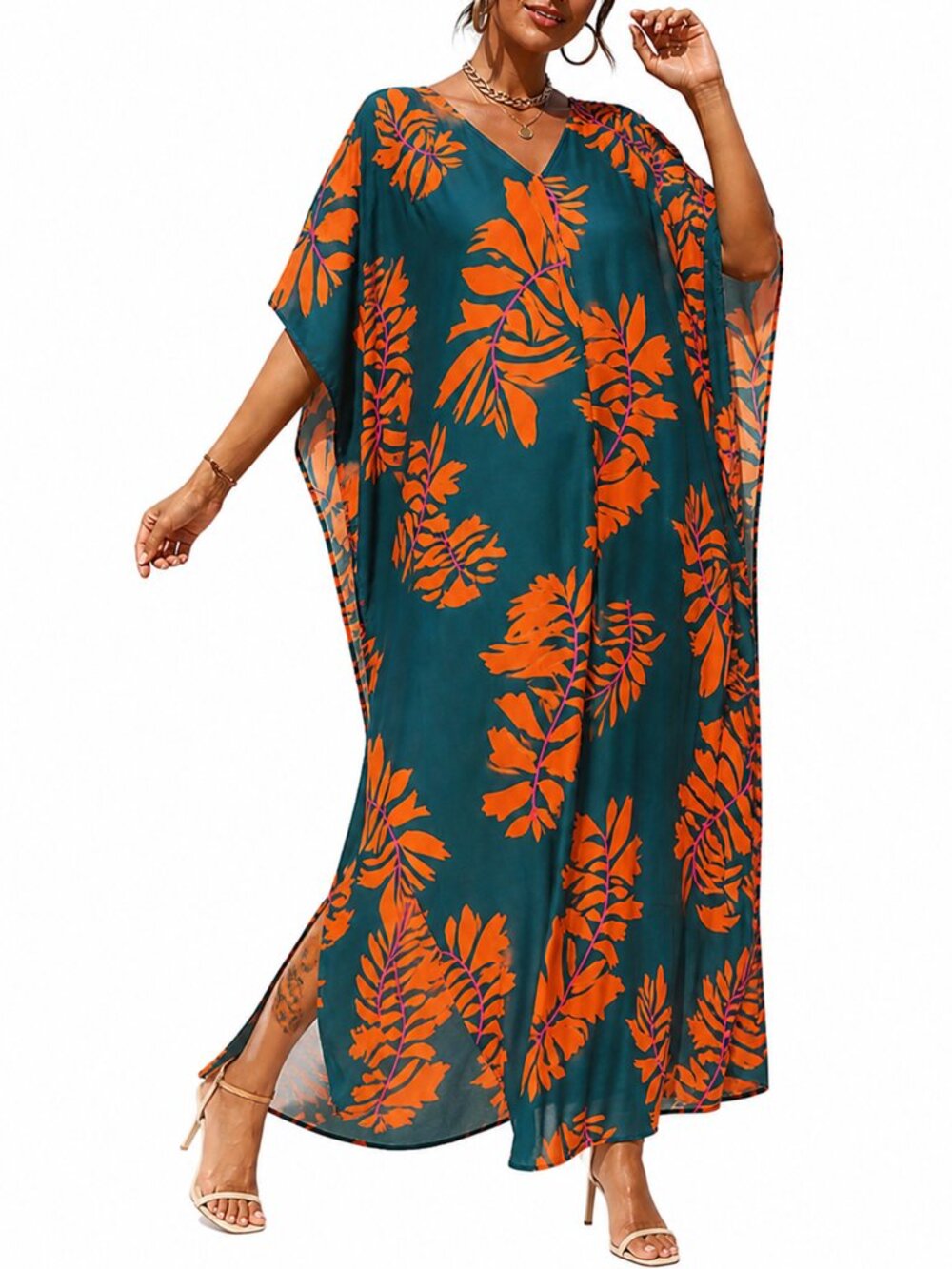 Women Leaf Printed Polyester Caftan Dress Plus Size Cover Up Maxi Dresses